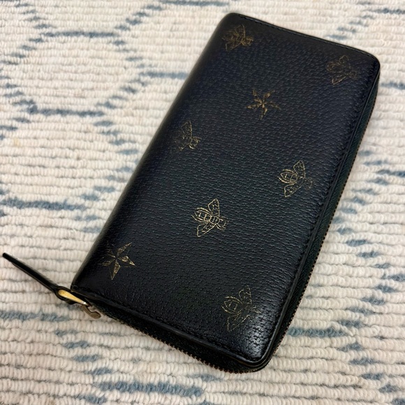 GUCCI Unisex Black & Gold Animalier Bee & Star Round Zip Long Wallet/Clutch - Picture 8 of 16